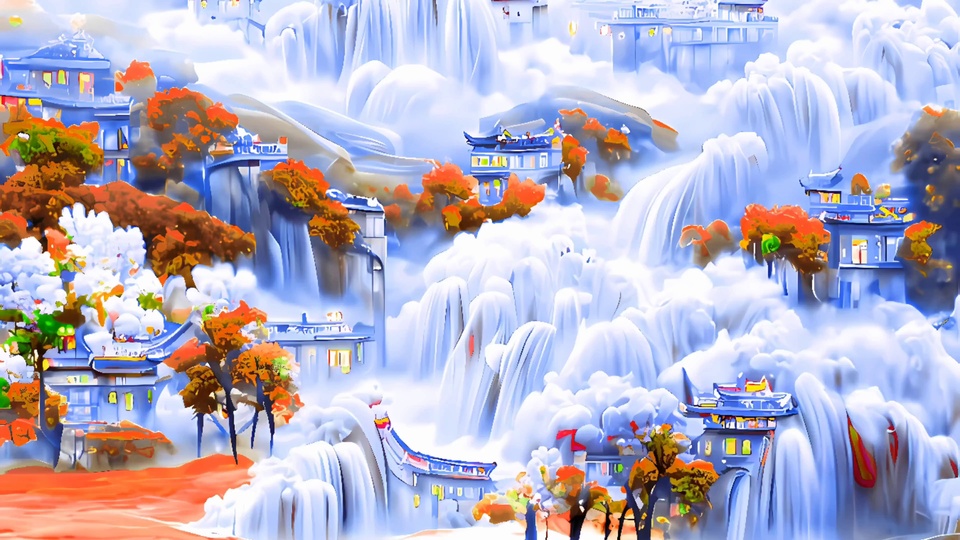 浅蓝调国风插画，云雾山水间错落分布着蓝调中式古风楼阁，旁侧是白色流云状叠层瀑布，点缀橙红色秋树与植被。