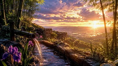 竹林落日溪景