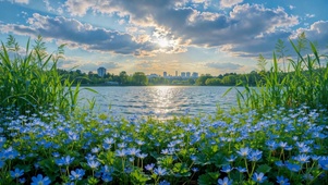 晨光湖畔蓝花唯美风景