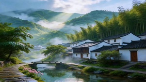 江南晨雾乡村