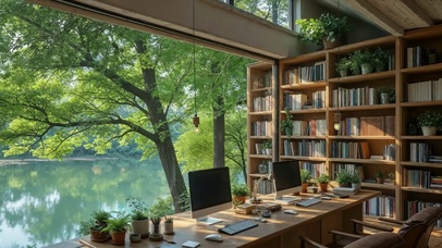 护眼夏季湖边小屋