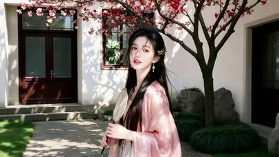 宅院桃花树下的古风汉服美女