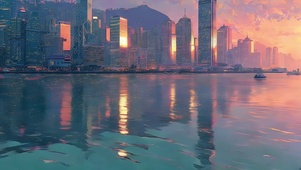 海港城市晚霞天际线