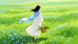 白衣少女漫步青花草地