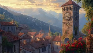 绚丽秋日黄昏古城钟楼