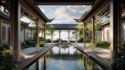 清透夏日庭院池塘阳光