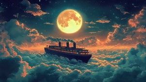 云上圆月蒸汽帆船星空