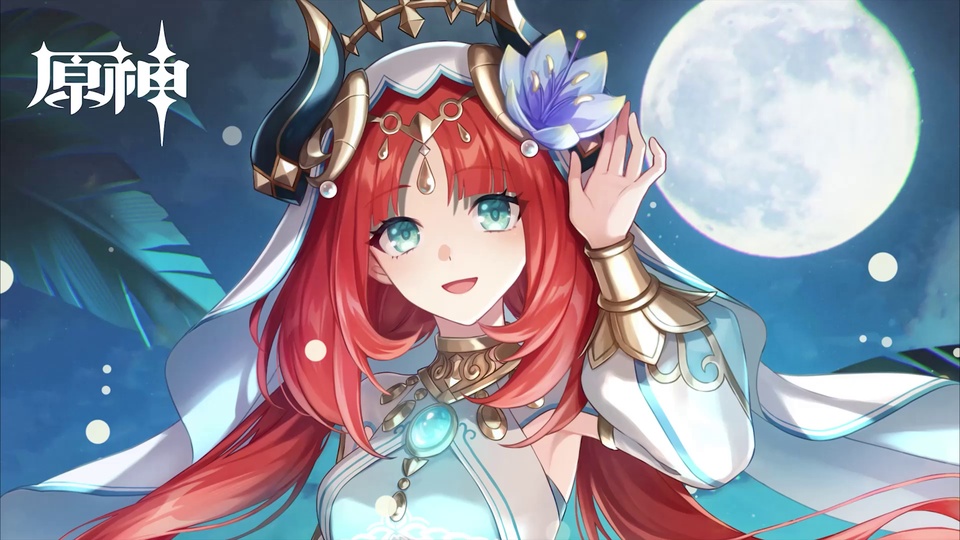 深蓝色月夜背景下，原神角色妮露立于画面中心，留红色长发佩戴新月形头饰，身后悬着一轮巨大满月，画面点缀细碎星光，左上角带有原神标识。