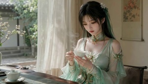古风绿衣少女品茶