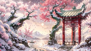 古风雪中凉亭
