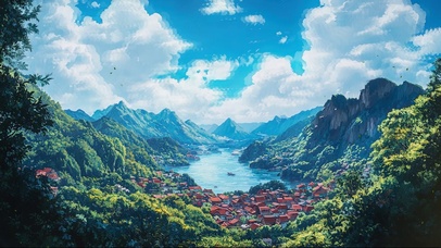 蓝天白云晴天山谷小镇