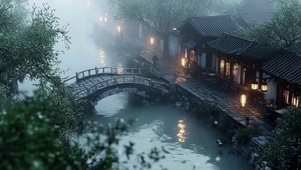 阴雨天气古城溪流建筑