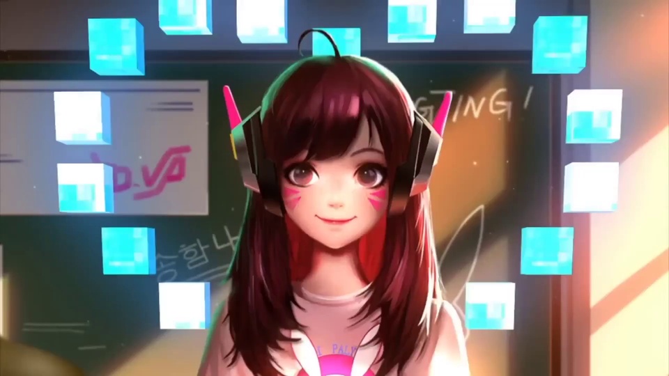 戴粉尖耳机的二次元少女站在悬浮发光方块环绕的黑板教室中