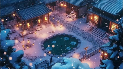 冬日庭院温馨傍晚飘雪