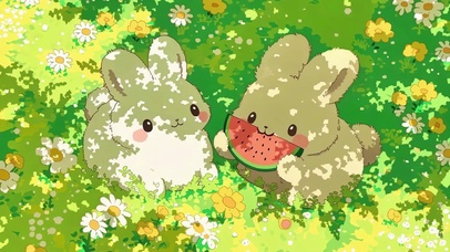 花丛里的吃瓜小兔搭档