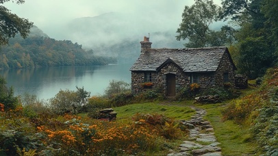 晨雾湖畔石头小屋