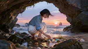 海边溶洞・捡贝少女