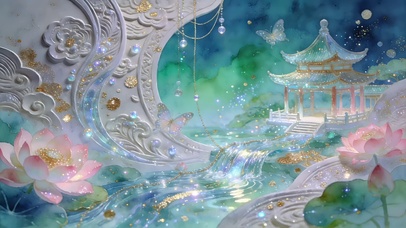 花窗流泉荷绕山间古亭