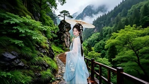 山间栈道打花伞的古风美女