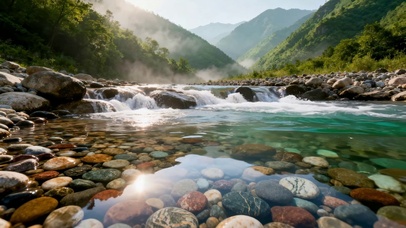 晨光山谷清溪治愈风景