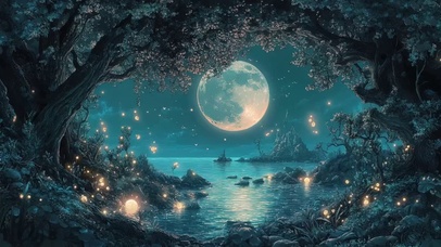 森林湖畔圆月夜空萤火