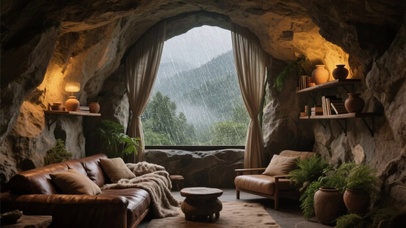 【雨景】山中的石洞客厅