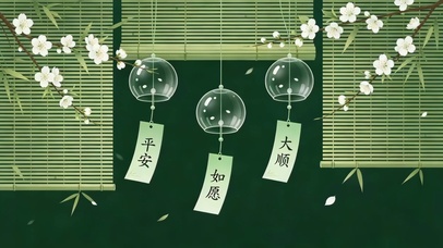 竹帘绿色系玻璃心愿风铃