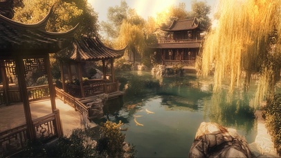 秋日午后朦胧庭院池塘