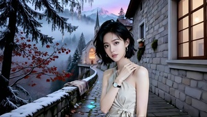 在林间别墅廊道的美女