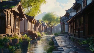 夏日黄昏暖阳溪流古建