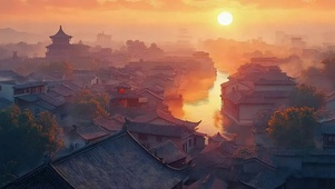 黄昏落日古城河流建筑