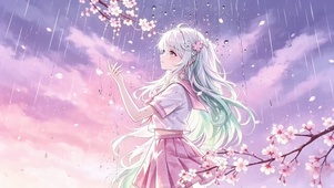 粉紫暮色雨夜的樱花少女