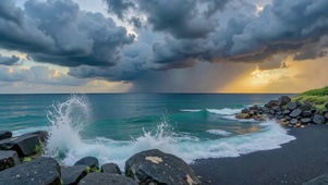 夕阳暴雨海岸震撼海景