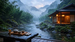 国风山水溪流木屋