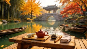 秋天园林湖边品茶