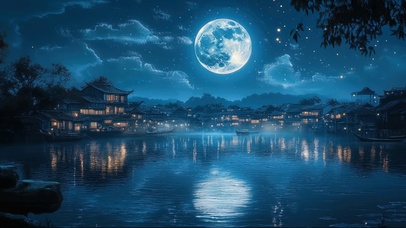 圆月夜空湖畔古镇建筑