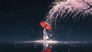 唯美樱花树雨女孩