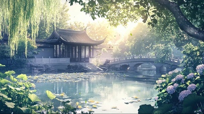 春日绿色庭院石桥池塘