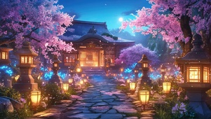 樱花庭院古建夜景