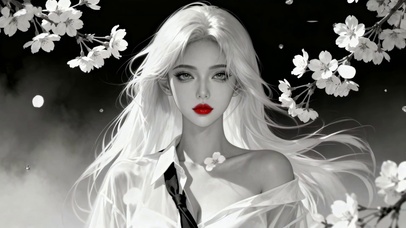 黑白调白发红妆美女