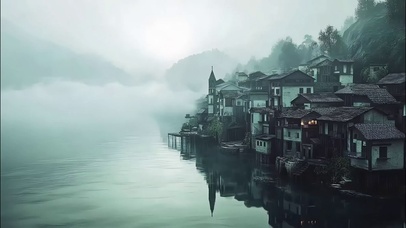 阴天朦胧云雾湖畔古城