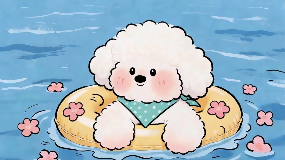清新卡通插画里，戴浅绿色波点三角巾的奶白色比熊趴在明黄色充气游泳圈上，漂浮着粉色小花的浅蓝色水面作为背景。