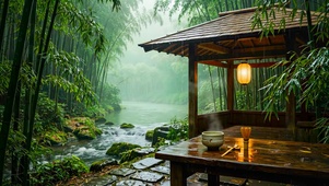竹林流水木亭