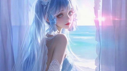 窗边蓝发二次元美少女