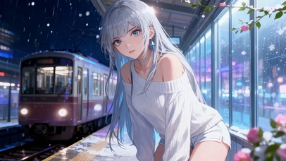 雨夜站台银发二次元美少女