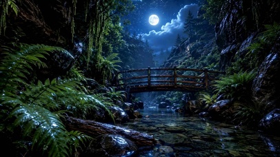 月夜山谷溪流治愈风景