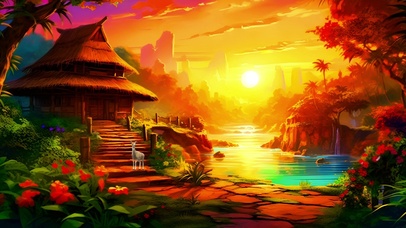 夕阳下郊外的茅草屋