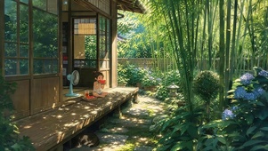 竹林木屋下乘凉