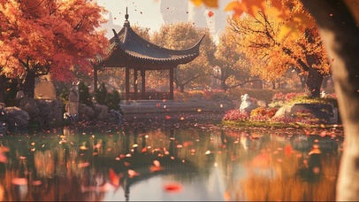 秋日古亭湖畔落叶风景