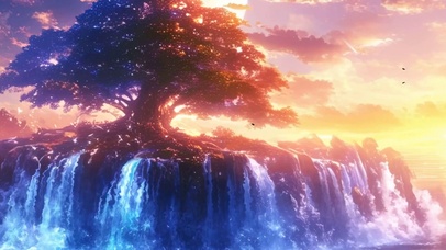 夕阳树木河流带鱼屏